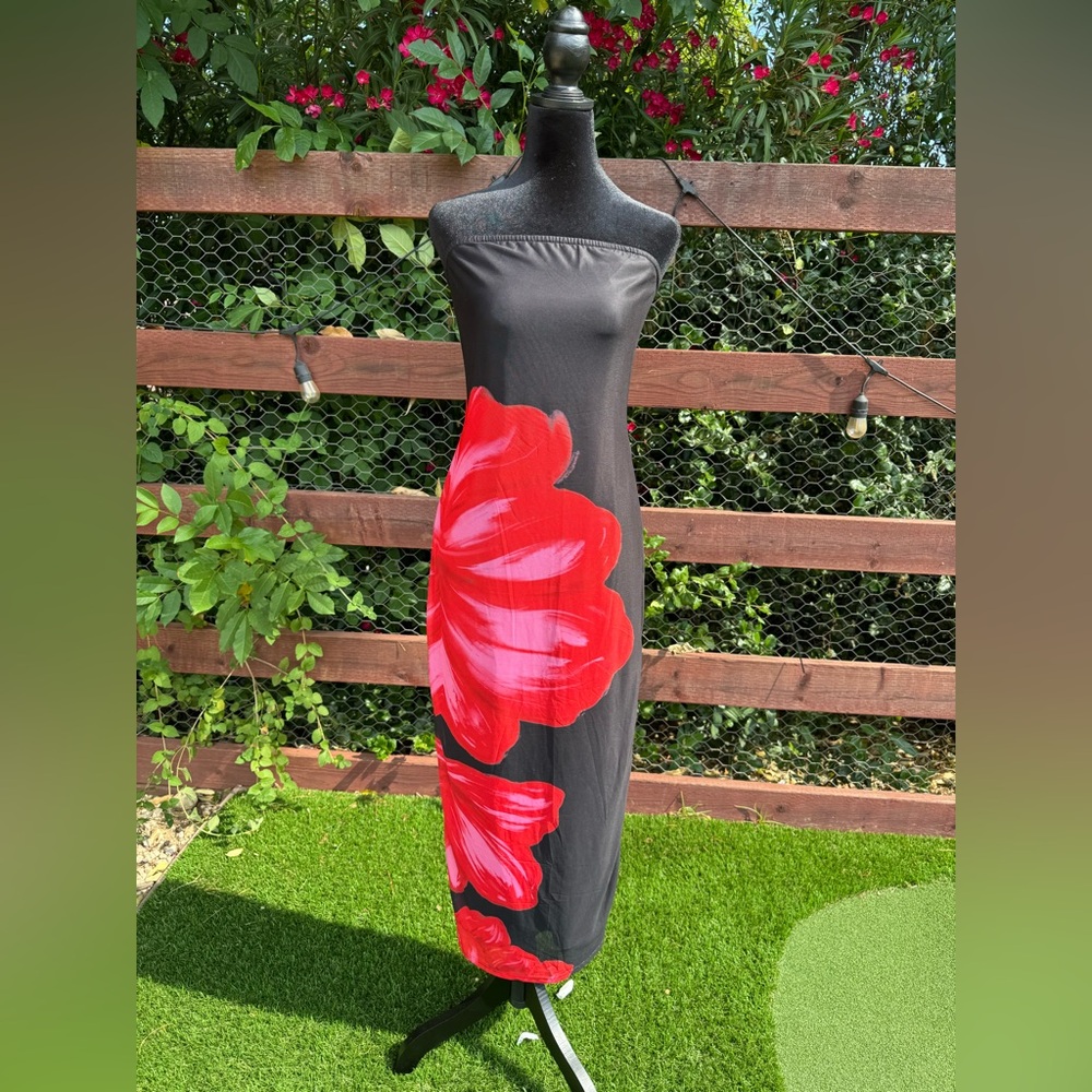 Strapless Black Dress with Bold Red Floral Accent